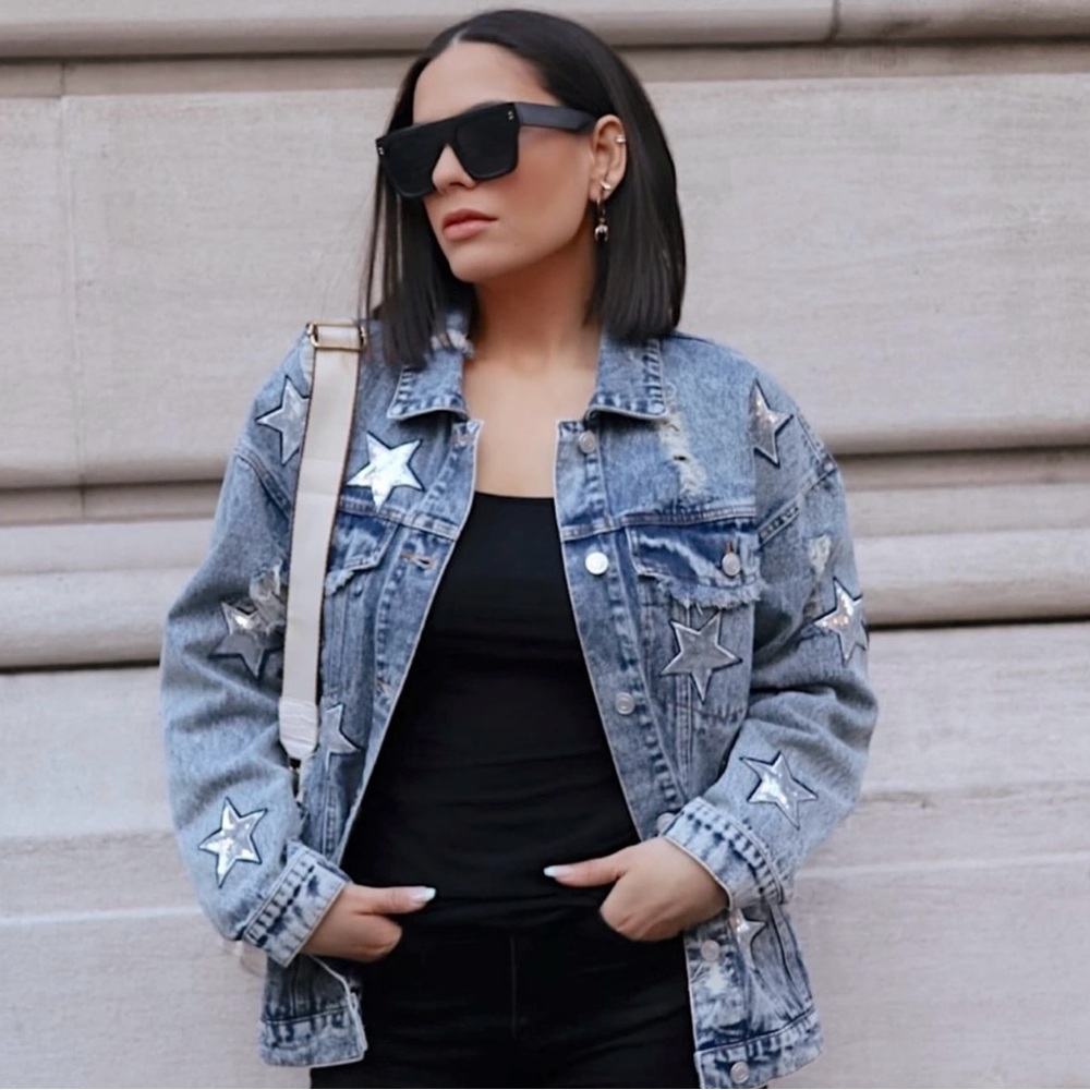 Denim Jacket with Silver Star Accents